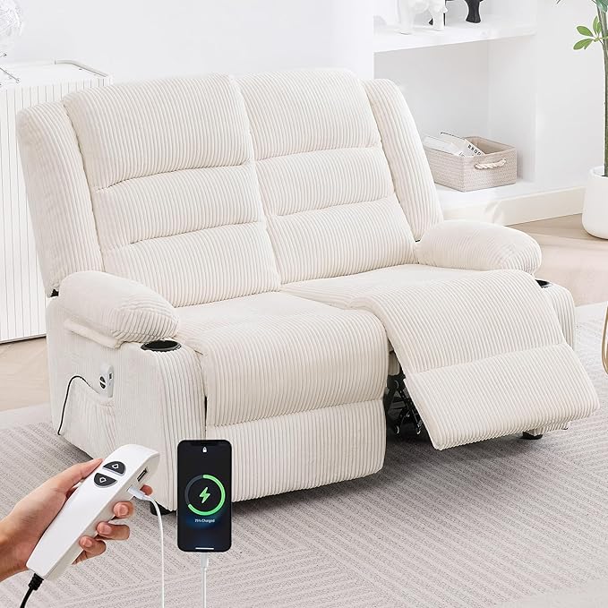 52Inch Power Loveseat Recliner,Electric Reclining Loveseat Sofa,Adjustable Love seat Recliner Sofa for Living Room,Bedroom with Charging Ports (Striped White)