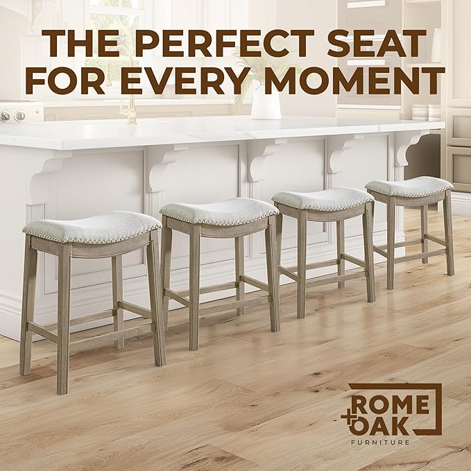 ROME + OAK Set of 4 Parker 26" Counter Stool, Backless Saddle Kitchen Barstool in Reclaimed Oak Finish with Ash Grey Fabric Upholstery Cushion Seat