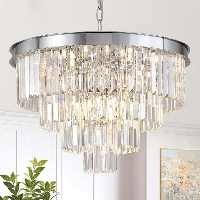 Chrome Crystal Chandelier 24” Modern Chandelier for Dining Room Round Ceiling Pendant Light Fixture 4 Tiers 12 Lights Luxury Large Chandelier for Entryway Living Room Bedroom