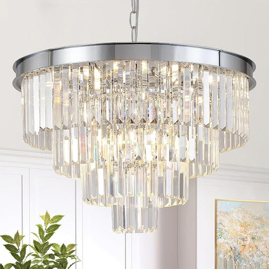 Chrome Crystal Chandelier 24” Modern Chandelier for Dining Room Round Ceiling Pendant Light Fixture 4 Tiers 12 Lights Luxury Large Chandelier for Entryway Living Room Bedroom