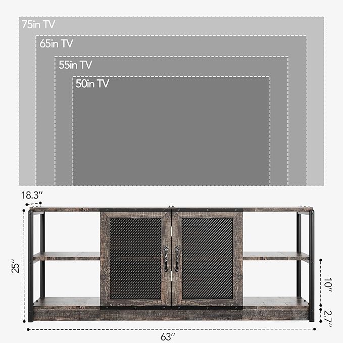 Farmhouse TV Stand for 65/75 inches TVs, Industrial Entertainment Center with Double Mesh Doors and Storage Cabinet, Rustic TV for Living Room, Rustic Oak