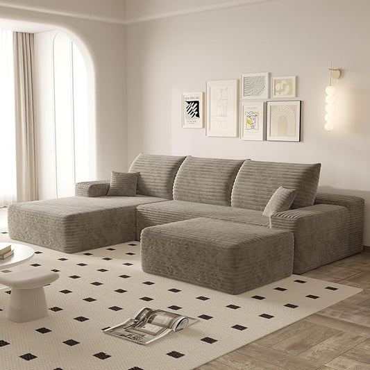 Full Foam Modular Sectional Sofa Cloud Couch, 107" Plush Corduroy Upholstered U Shaped Floor Lounge Boneless Couches w/Right Chaise Daybed and Movable Ottoman for Living Room, No Assembly Required