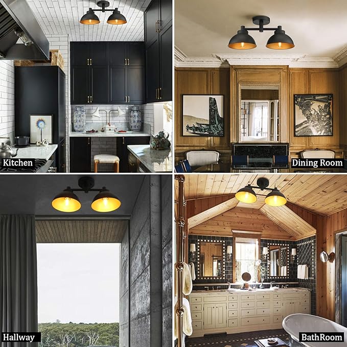 Pathson 2 Lights Ceiling Light Fixtures, Semi-Flush Mounted Vintage Ceiling Lighting Lamp with Metal Shade for Living Room Hallway Loft Kitchen Bathroom Close to Ceiling