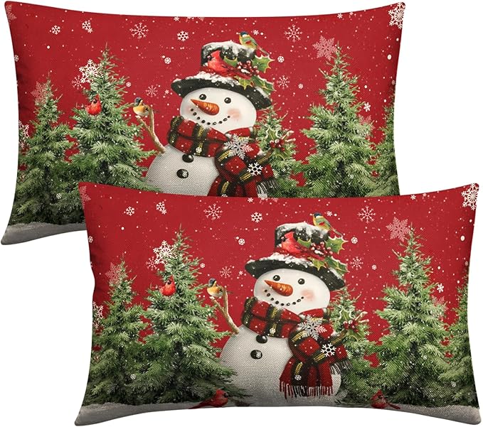 Winter Snowman Pillow Covers 12x20 Set of 2 Red Winter Lumbar Throw Pillow Covers Xmas Snowman Cardinal Snowy Pine Tree Pillow Case Winter Outdoor Pillowcases for Living Room Couch Sofa