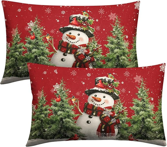 Winter Snowman Pillow Covers 12x20 Set of 2 Red Winter Lumbar Throw Pillow Covers Xmas Snowman Cardinal Snowy Pine Tree Pillow Case Winter Outdoor Pillowcases for Living Room Couch Sofa