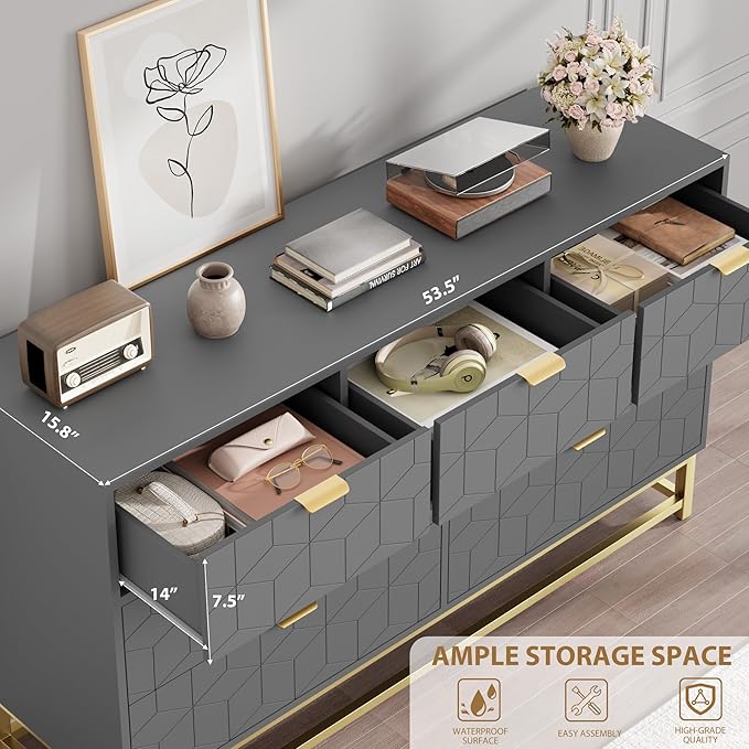 GAOMON Dresser for Bedroom, 53.5" Wide Dresser Organizer, 7 Drawer with Golden Metal Handle and Legs, Modern Chest of Drawers for Closet, Hallway, Living Room, Entryway, Grey