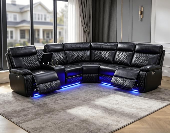 Power Reclining Sectional Sofa, 5 Seat Sectional Couch with Recliners, Breathing Leather Sectional with 2 Recliners,USB Charging Ports, Cup Holders, LED Light Strip, Living Room Furniture Set | Breathable material, LED Lighting