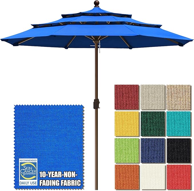 EliteShade USA 10-Year-Non-Fading 11ft 3-Tier Market Patio Umbrella, Commercial Grade Outdoor Table Umbrella with Crank Open, Windproof & UPF 50+ UV Protection, Heavy Duty Ventilation for Garden, Deck, Pool, Backyard, Beach & Bistro, No Tilt, Royal Blue