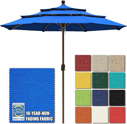 EliteShade USA 10-Year-Non-Fading 11ft 3-Tier Market Patio Umbrella, Commercial Grade Outdoor Table Umbrella with Crank Open, Windproof & UPF 50+ UV Protection, Heavy Duty Ventilation for Garden, Deck, Pool, Backyard, Beach & Bistro, No Tilt, Royal Blue