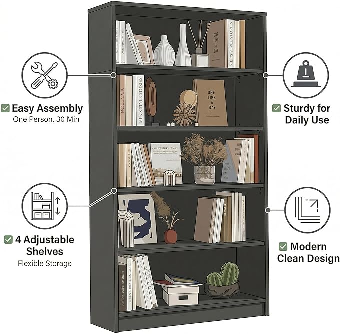 5 Tier Wooden Bookshelf, 60" H Tall Book Shelf with Adjustable Shelves, 33" Wide Bookshelf for Office, Living Room