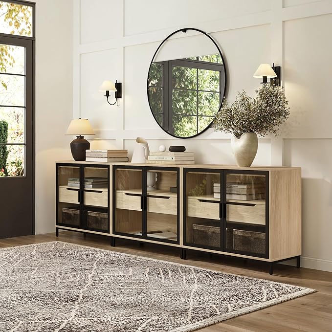 Nathan James Mackenna Metal and Glass Sideboard Accent Cabinet with Two Doors, Oak Credenza for Kitchen or Living Room Set of 3