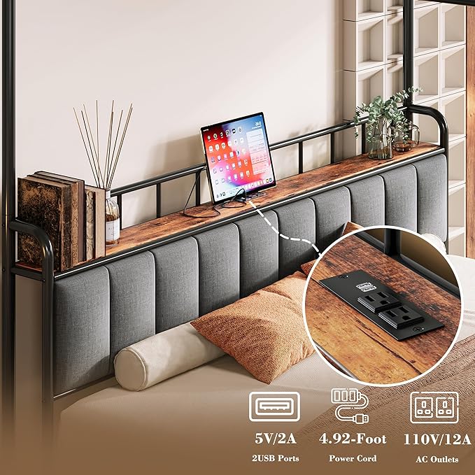 LIKIMIO Canopy Bed Frame King, Storage Headboard with Charging Station, Platform Bed with 4 Removable Sturdy Posts, Noise Free, No Box Spring Needed, Vintage Brown