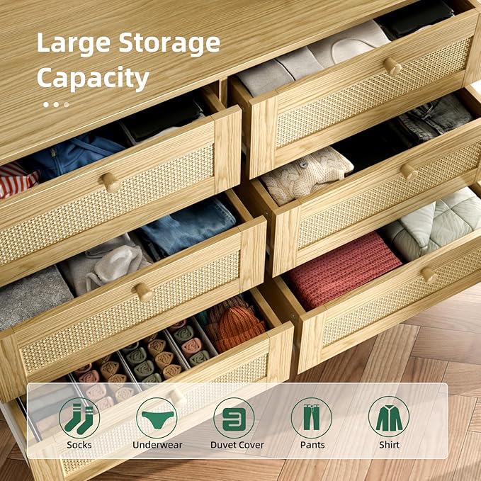 6 Drawer Rattan Dresser for Bedroom, Modern Wooden Dresser Chest with Handles for Bedroom, Hallway and Living Room, Wood Oak