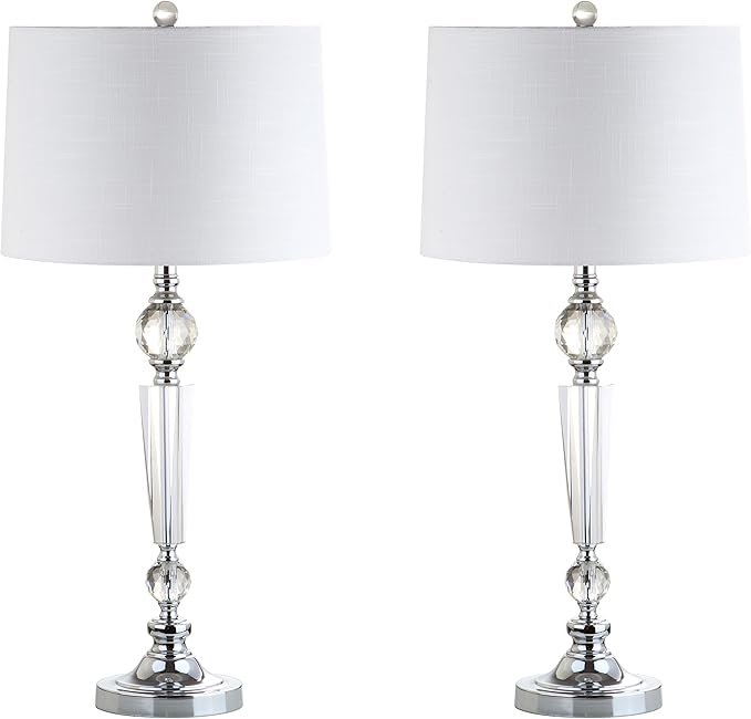 JONATHAN Y 30.5" Clear Crystal Table Lamp Set of 2 for Living Room Bedroom, Modern Glam Candlestick Lamp with Chrome Base and White Linen Drum Shade, LED Bulbs Included JYL2048A-SET2