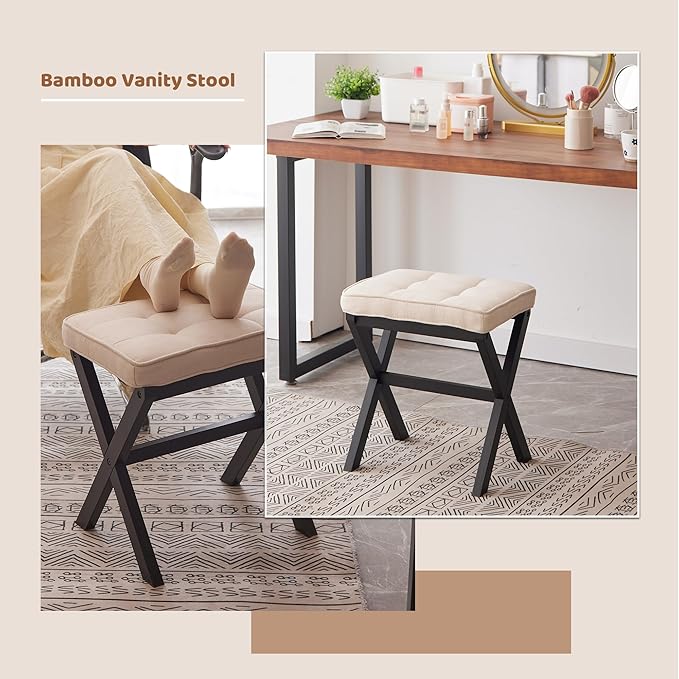 FILWH Foot Stool Small Ottoman Foot Rest Padded Foot Stool Desk for Under Office Desk Vanity Stool Bamboo Footstool Sofa Footrest Shoe Stool Small (Black Legs + Beige)