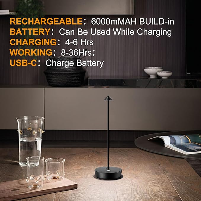 SAKRINGT 2 Pack Cordless Table Lamps Rechargeable, 6000mAh Battery Operated Waterproof Stepless Dimming Modern Portable LED Table Light for Restaurant Dining Patio Outdoor