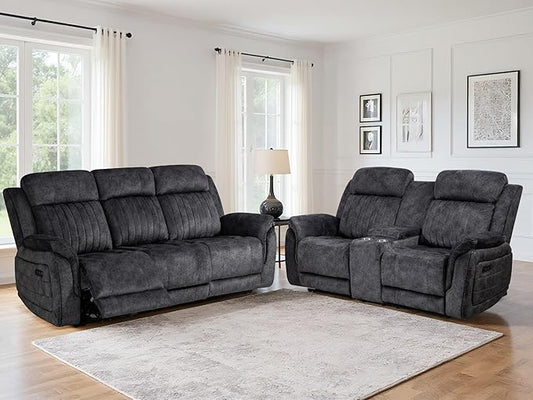 Zero Gravity Power Reclining Sofa Set, 3-Seater Reclining Couch with Drop Down Table + 2-Seater Power Loveseat Recliner with Console, Adjustable Headrests, Living Room Furniture (Velvet, Grey)
