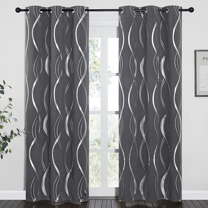NICETOWN Blackout Curtains Panels for Bedroom, Microfiber Noise Reducing Thermal Insulated Wave Line Foil Print Design Blackout Curtains for Patio Sliding Glass Door (2 Panels, 34 x 84 Inch, Gray)