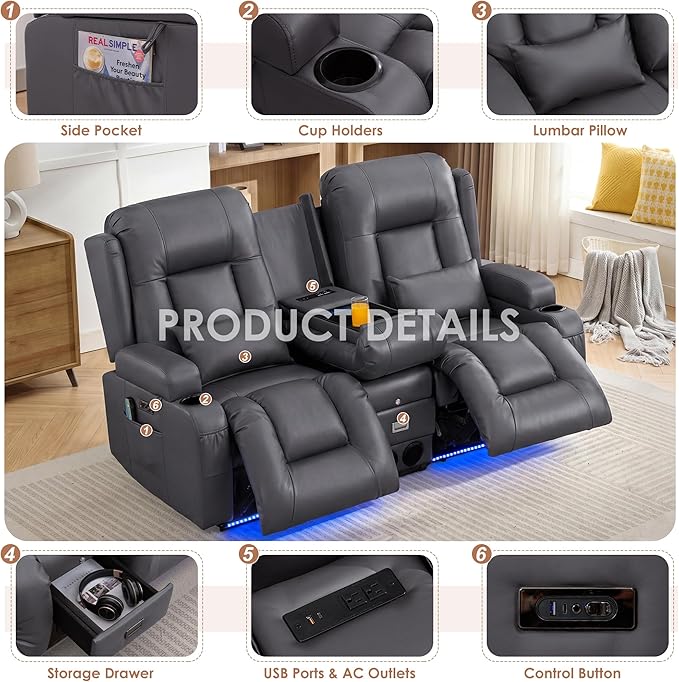 TUNYI Wall Hugger Loveseat Recliner Sofa with Console, Power Reclining Loveseat RV Couch with Massage & Heat/USB/Outlet/Storage/LED Light/Speaker (Light Grey, 2 Seat with Console)