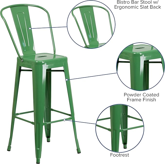 Flash Furniture Lily Commercial Grade 4 Pack 30" High Green Metal Indoor-Outdoor Barstool with Removable Back