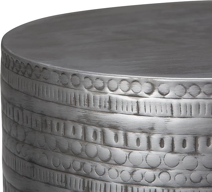 SIMPLIHOME Johnsen Metal Table - 15 inch Wide Solid Iron Drum Accent Table in Antique Silver with Tribal Pattern, Round Boho End Table for Living Room, Bedroom, or Home Office, Fully Assembled