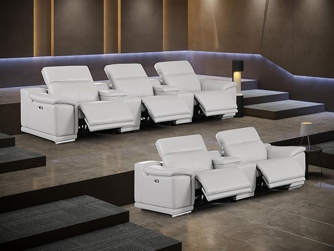BlackJack Furniture Venice Top Grain Italian Leather Power Recline 8 Piece 5 Seater Sofa - 134" Theater Seating Modern Couch for Living Room Lounge with Adjustable Headrests & USB Port, Light Grey