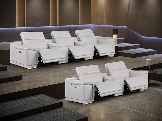 BlackJack Furniture Venice Top Grain Italian Leather Power Recline 8 Piece 5 Seater Sofa - 134" Theater Seating Modern Couch for Living Room Lounge with Adjustable Headrests & USB Port, Light Grey