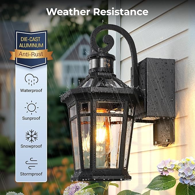 OPAIXS Motion Sensor Outdoor Wall Lights with Outlet, Black Front Porch Light with GFCI Outlet, Modern Coach Lights for Garage, Waterproof Exterior Wall Sconce Lantern, E26 Outside Wall Light Fixture