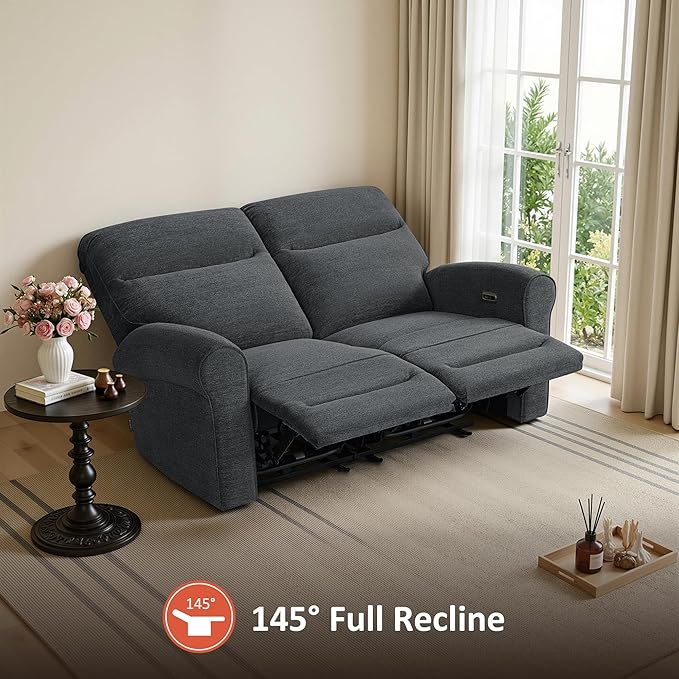MCombo 64.6" Wall Hugger Power Loveseat Recliner Sofa with USB Ports, Reclining Loveseat for Small Spaces Living Room RV, Fabric PR635M1 (Dark Grey)
