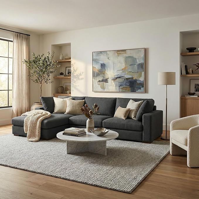 SIMPLIHOME Charlie Left-Facing Sectional Sofa in 100% Recycled Polyester Tightly Woven Performance Fabric, Pebble Grey, 122-inches Wide, Handcrafted Contemporary Style L-Shaped Couch with Chaise