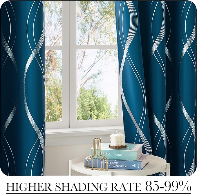 NICETOWN Moroccan Blue Blackout Curtains 84 inch Long for Living Room, Art Decor Scandinavian Style for Festival Wave Line Foil Print Design Drapes for Wall Cover, W52 x L84, 2 Panels