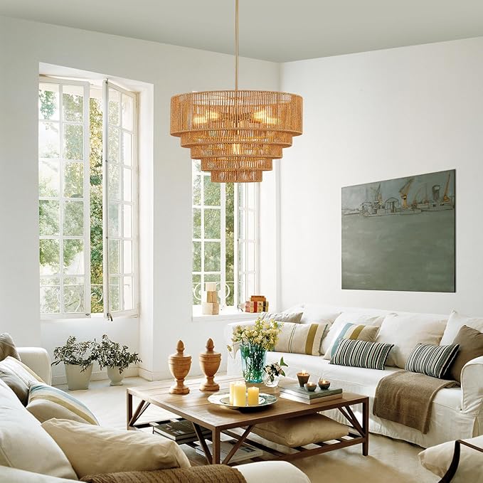 25.6" Boho Rattan Chandelier Light Fixture 6-Light Hand-Woven Bamboo Vintage Farmhouse Chandelier Drum Wicker Golden Chandeliers for Dining Room, Living Room, Kitchen Island, Bedroom, Foyer
