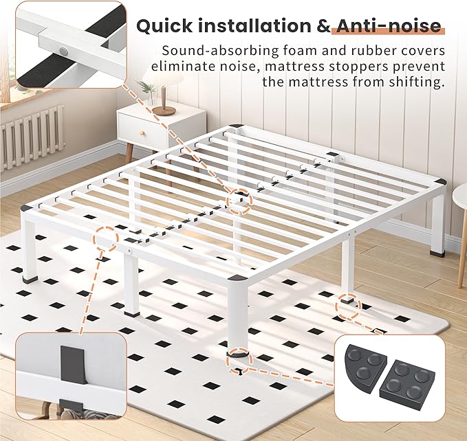 18 Inch White Queen Heavy Duty 3500 lbs Bed Frame with Round-Corner Legs & Anti-Squeak Design – Quick Assembly Metal Platform, No Box Spring Needed