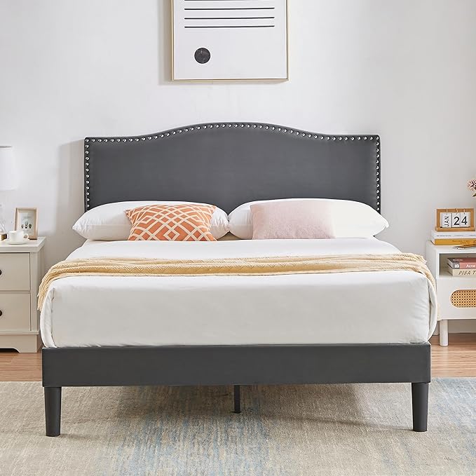 VECELO Full Bed Frame, Platform Bed Frame with Adjustable Height Upholstered Headboard, Heavy-Duty Frame and Strong Wooden Slats Support, Non-Slip and Noise-Free, Easy Assembly, Dark Grey
