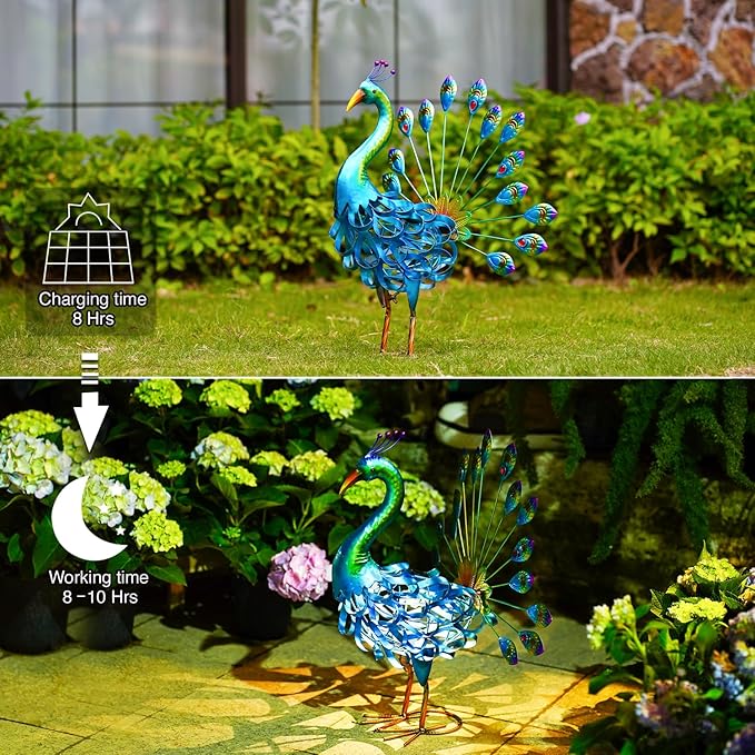 Goodeco Solar Peacock Statue Garden Decor - 20.7 Inch Stunning Metal Peacock Yard Art with Lighted Lamp - Perfect Peacock Gifts for Women, Ornaments & More, LD6020304