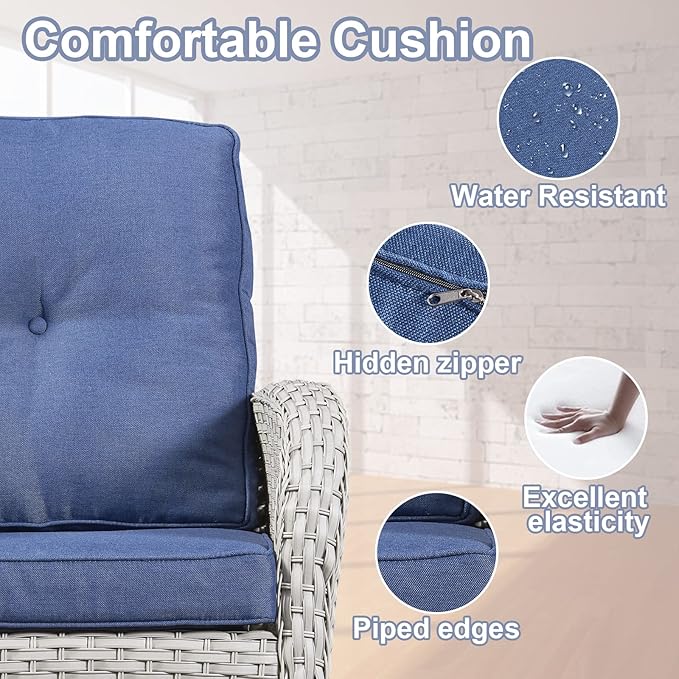Belord Wicker Conversation Sets Patio Furniture 5 PCS Outdoor Rocking Chairs with Rattan Loveseat, Wicker Table and Chairs Set for Patio Deck Poolside Blue Cushion