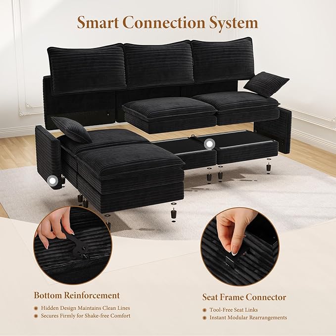Vesgantti Large Modular Sectional Sofa, Big Comfy Cloud Couch with Ottoman Deep Seat Corduroy Cloud Sofa, 9 Seater Large Sectional Couches for Living Room, Bedroom and Apartment, Black | Sink-in Comfort, Height Adjustable, Easy Rearrangement, Extra-dee...