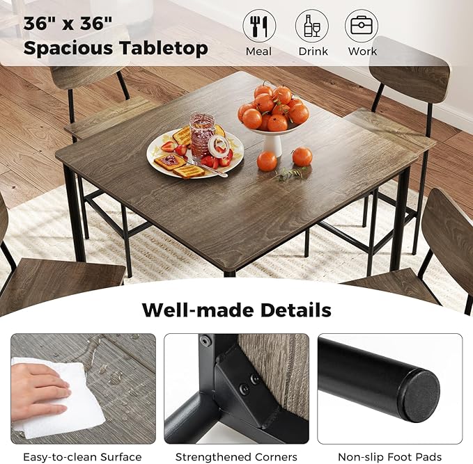 GOFLAME 5-Piece Dining Table Set for Small Space, Kitchen Table and Chairs Set for 4 with Steel Frame, Square Breakfast Table Set, Industrial Counter Height Table Set for Home Restaurant, Grey Oak