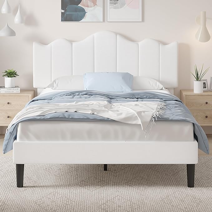 VECELO Full Size Upholstered Platform Bed Frame with Adjustable Headboard, Wood Slat Support and Noise-Free, No Box Spring Needed, Easy Assembly, Off White