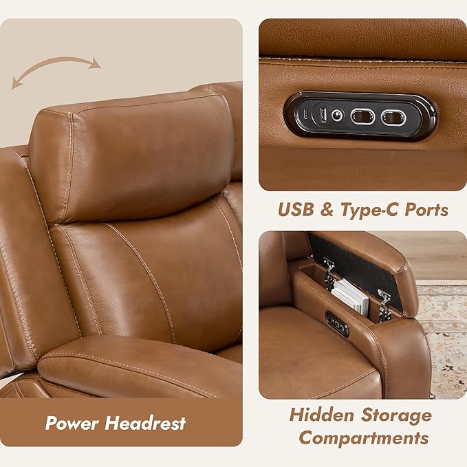 Watson & Whitely Genuine Leather Power Recliner Sofa with Console, 3 Seater Zero Gravity Reclining Sofa with Power Headrest & Flip Middle Backrest Table, Cup Holders for Living Room, Saddle Brown