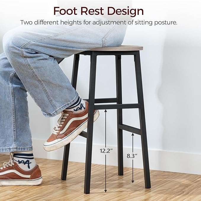 Bar Stools, Set of 2 Round Bar Chairs with Footrest, 24.4 Inch Kitchen Breakfast Bar Chairs, Industrial Bar Stools, Easy Assembly, for Dining Room, Kitchen, Greige BAHG0201Z (Pack of 3)
