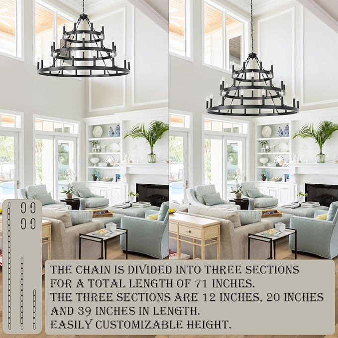48 Inch Extra Large Black Wagon Wheel Chandelier, 3 Tier 36-Lights Farmhouse Pendant Light Fixture, Horse Wheel Lamp for High Ceiling Living Room, Dining Room, Hall, Porch, Stairs, Entrance, Passage