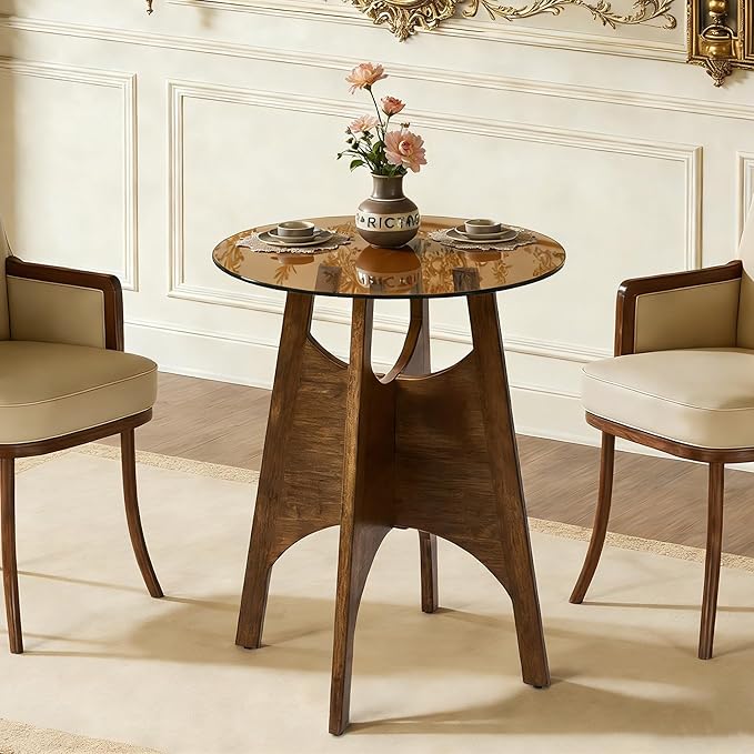 24 inch Round Glass Dining Table for 2, Tempered Glass Top with Solid Oak Tulip Base, Modern Small Kitchen Table for Apartment, Bistro and Dining Room