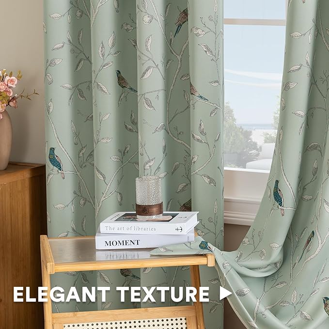 H.VERSAILTEX Blackout Curtains for Bedroom 63 Inches Length Thermal Insulated Birds Rustic Printed Curtain Drapes for Living Room Energy Efficient Room Darkening Home Decoration Pair 2 Panels, Sage