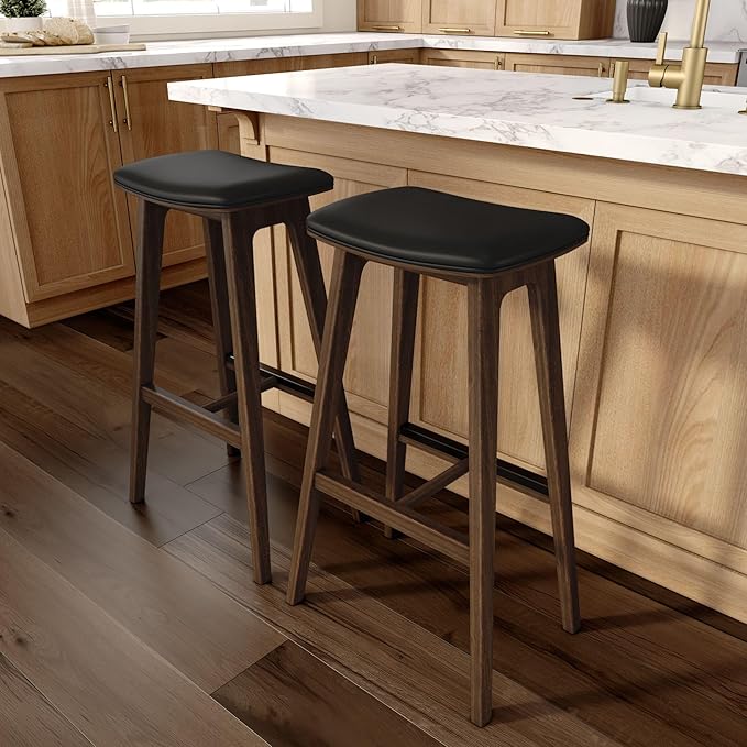 Plank+Beam Beryl Bar Height Stool - Mid-Century Modern Rubberwood Bar Stool with Faux Leather Seat, Metal Footrest, Easy Assembly, 2-Pack, Walnut/Black