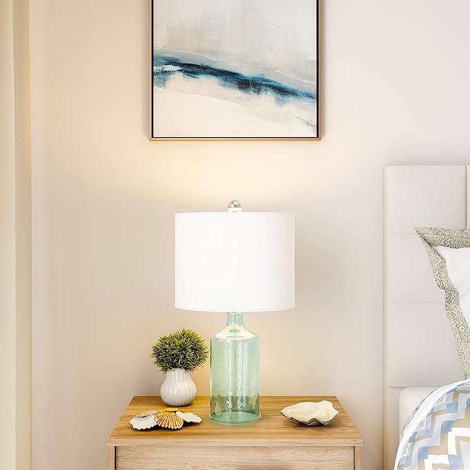 Table Lamp - Clear Glass Lamp with Open Base, LED Bulb, and Shade - Decorative Lighting for Coastal, Nautical, or Cottage Decor by Lavish Home (Blue)