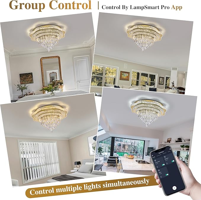30" Gold Crystal LED Ceiling Light Fixture with Remote Control,Large Flush Mount Chandelier with 3-Color Dimmable for Living Room Bedroom Dining Room