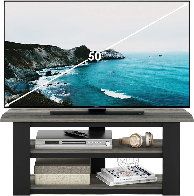 Furinno PARSONS TV Stand, 3-Tier Entertainment Center with Storage Shelf, Open Frame TV Console for TV up to 50 Inch, for Living Room, Bedroom, Oak Grey