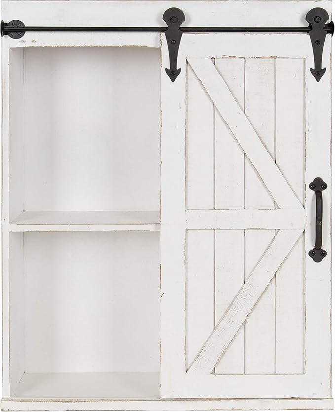 Kate and Laurel Cates Modern Farmhouse Decorative Wood Wall Storage Shelving Cabinet with Sliding Barn Door, Rustic White