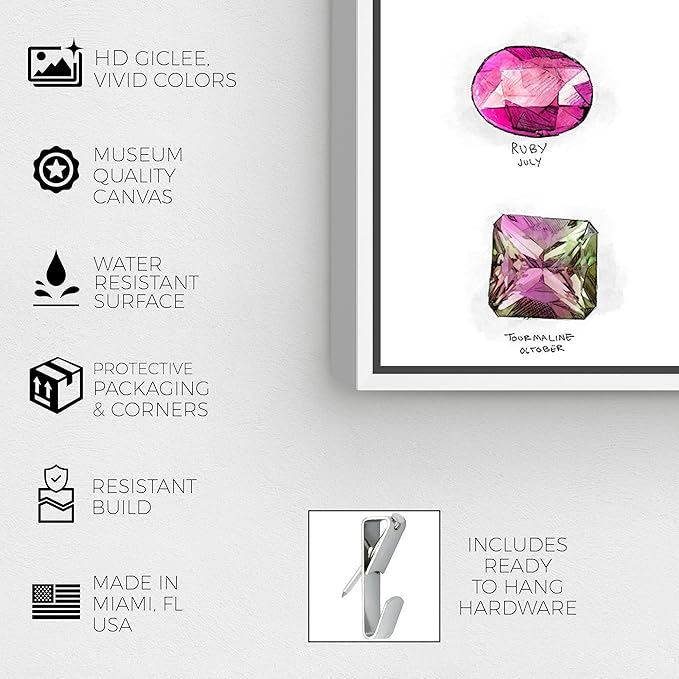 Oliver Gal Birthstone Chart Canvas Print Wall Art for Living Room, Bedroom, and Bathroom, 30" x 30", White Floater Frame